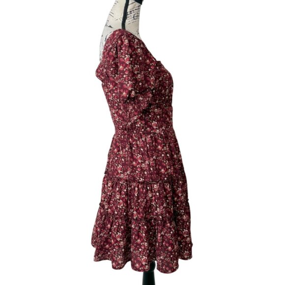 Altard State Womens Smocked Mini Dress Tiered Skirt Puff-Sleeves Red Floral Size - Picture 2 of 8